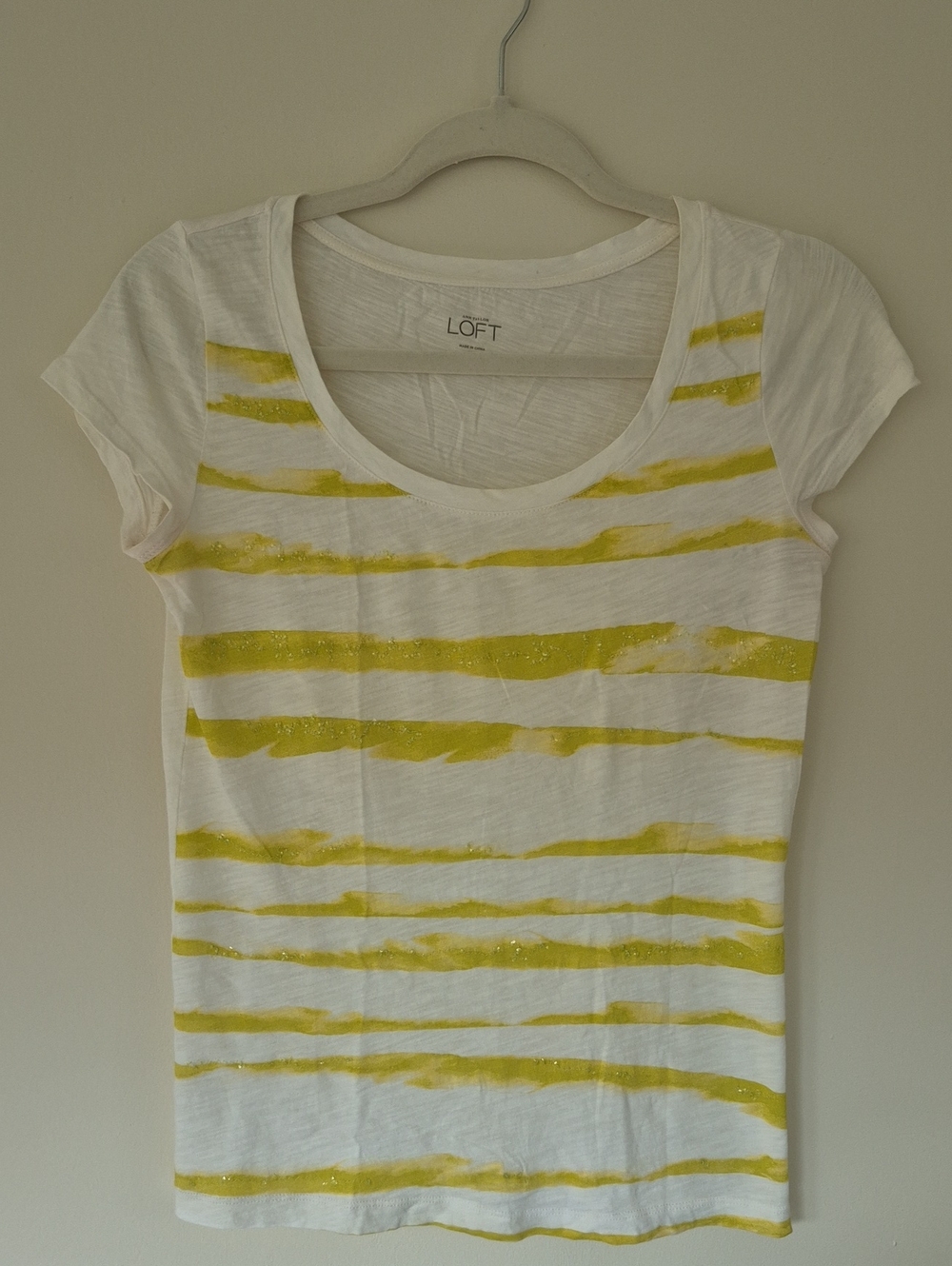 LOFT White Tee with Yellow Striped Detail